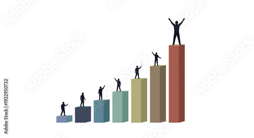 Silhouettes of people ascend various colored bars, with one figure celebrating on the highest bar.