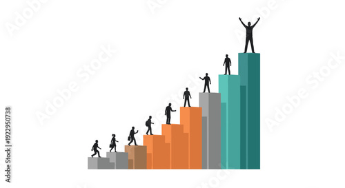 Silhouettes of people ascend a colorful bar chart, one figure celebrates at the top on a white background.