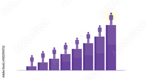 Silhouettes of people ascend a purple bar chart with one figure highlighted at the top on a white background.