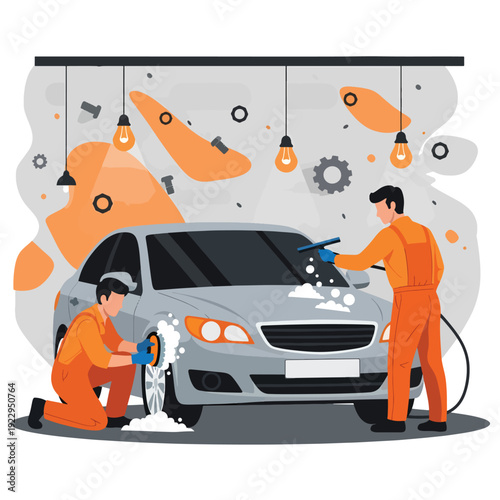 Professional Car Wash Service: Workers Meticulously Cleaning an Automobile