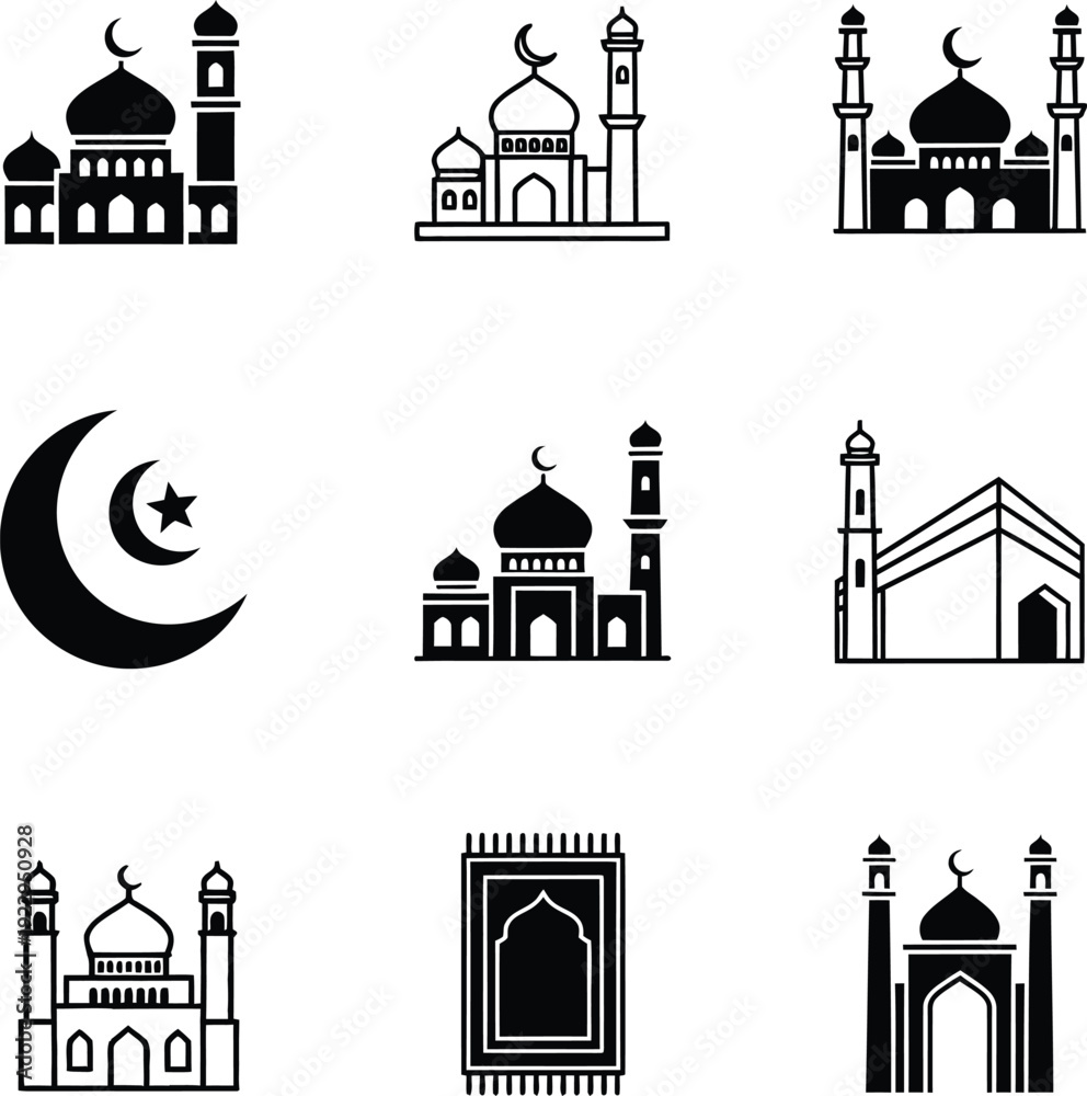 Fototapeta premium A collection of simple black and white mosque illustrations on a white background.