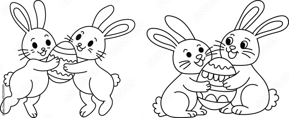 Naklejka premium Set of cartoon bunnies sharing easter eggs line art vector characters