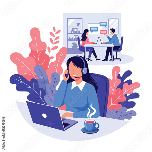 Online Support Professional Assisting Clients While Team Collaborates in Office Vector