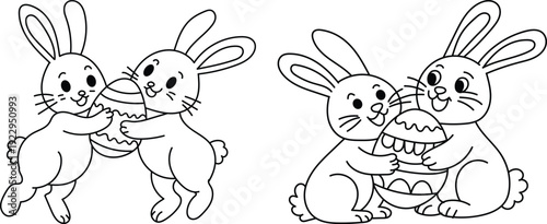 Set of cartoon bunnies sharing easter eggs line art vector characters