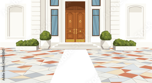 The elegant entrance of a luxurious building features a grand wooden double door, stone steps, potted green bushes, and a paved walkway.