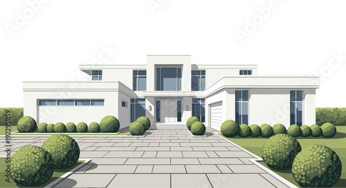 A contemporary luxury single-family house features a large paved driveway, lush green lawns, and meticulously manicured bushes.