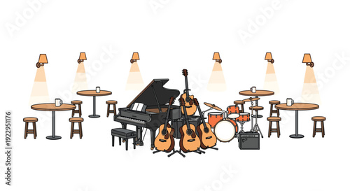 A lively music stage setup in a cafe features a grand piano, guitars, a drum kit, and small round audience tables.