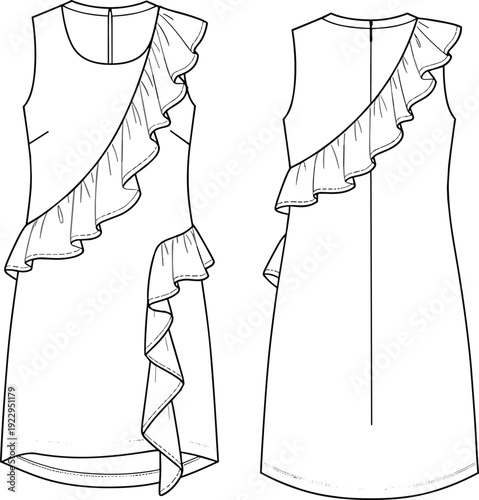 Fashion flat sketch of sleeveless asymmetric dress with cascading ruffle and curved hem, technical CAD drawing, vector illustration
