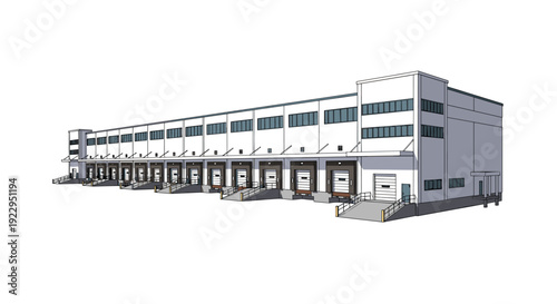 A long, modern commercial warehouse building features numerous loading docks and bays along its exterior facade.