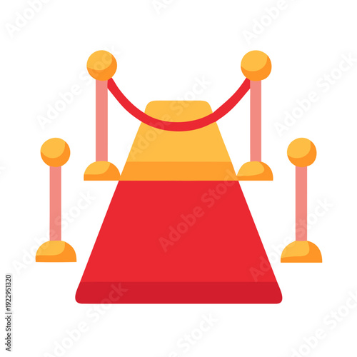 Flat design red carpet entrance with stanchions, isolated on a black background.