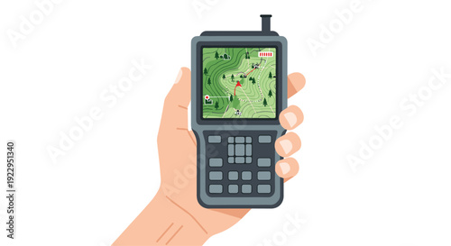 A person's hand is holding a portable GPS device displaying a detailed topographic map with a marked route.