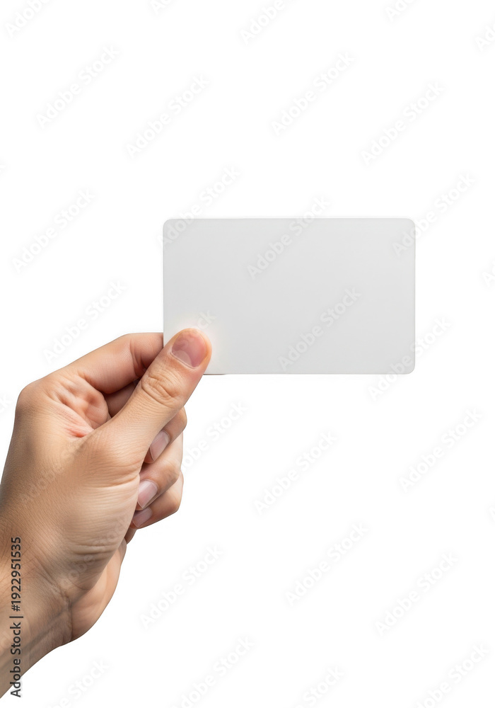 Obraz premium Hand holding a blank white business card isolated on transparent background