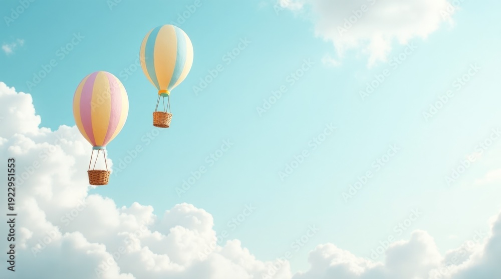 Obraz premium Soft blue cloudy sky background with Easter eggs painted as hot air balloons floating up, whimsical fantasy and dreamy spring imagination
