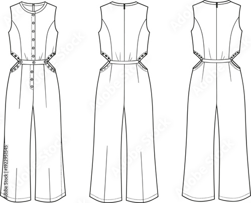 Fashion flat sketch of sleeveless button front jumpsuit with side belt detailing, technical CAD drawing, apparel vector illustration design
