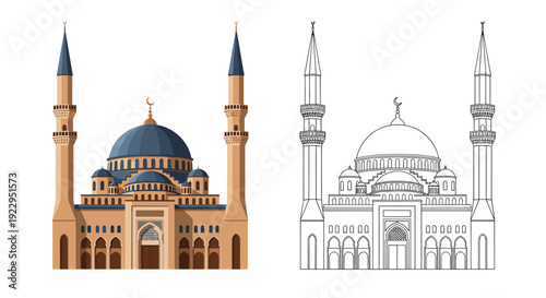 An elaborate mosque with multiple domes and tall minarets is presented in both detailed color and outline drawing.