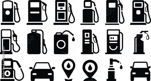 Fuel pumps and car icons for energy and transportation concepts