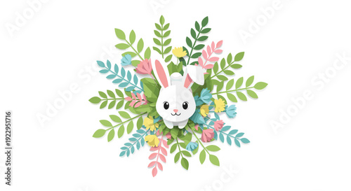 Cute white Easter bunny peeks from a circular arrangement of colorful paper cut leaves and flowers.