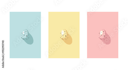 Three minimalist cards display speckled Easter eggs casting shadows on pastel blue, yellow, and pink backgrounds.
