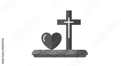 Grey cross and heart monument stands on a cracked stone base, isolated on white background.
