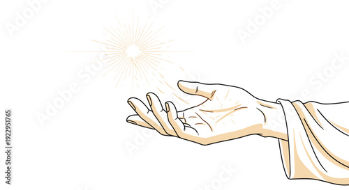 Hand reaching upwards with a glowing star or radiating light above it on a simple white background.