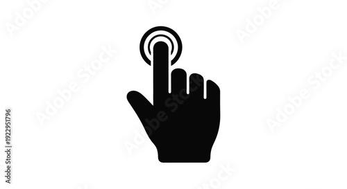 Black silhouette of a hand pressing a circular button or interface element