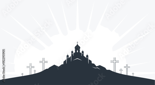 Silhouette of a church building on a hill surrounded by multiple crosses and radiating light rays in grayscale.