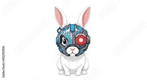 A cute white rabbit with a futuristic cyborg face mask featuring intricate mechanical details and a red eye.