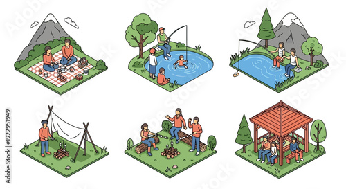 Camping and outdoor activities in a natural setting with mountains and water.