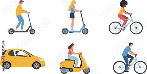 Urban transportation character set with people riding electric scooters, bicycles, car and scooter, men and women commuting flat vector illustration