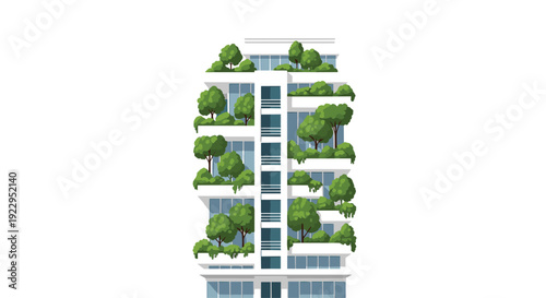 A tall white apartment building features multiple balconies and terraces adorned with green trees and lush foliage.