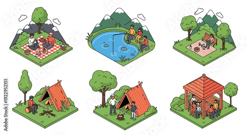 Camping scenes with people in various outdoor activities.