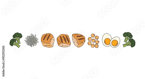 Broccoli florets, lentils, grilled chicken pieces, chickpeas, and sliced hard-boiled eggs are arranged horizontally.