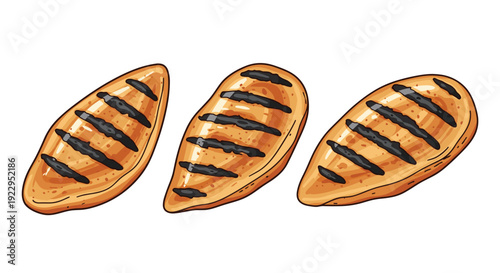 Three succulent grilled chicken breasts with prominent char marks lie horizontally on a clean white background.
