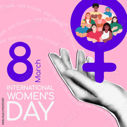 International Women's day square banner template. Cut out halftone hand holding Venus symbol with diverse women. Give to Gain IWD 2026 concept. Vector illustration isolated on grainy background