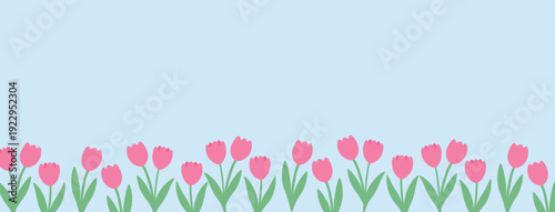 Spring Tulip Border Banner with Pink Flowers on Soft Blue Background for Website Header and Seasonal Design