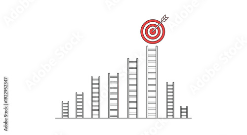 A series of ladders of increasing height culminates with the tallest one reaching a red target and arrow.