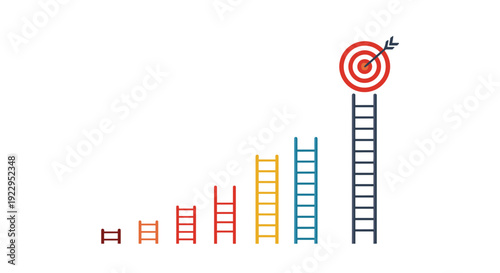 Multiple colorful ladders of varying heights lead up to a red target with an arrow on a white background.
