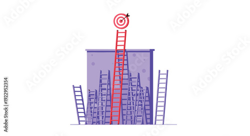 A tall red ladder reaches a red target with an arrow on a purple building, surrounded by numerous shorter purple ladders.
