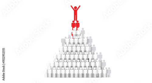 A large pyramid of stick figures supports a red leader and a few red members at the very top against a white background.