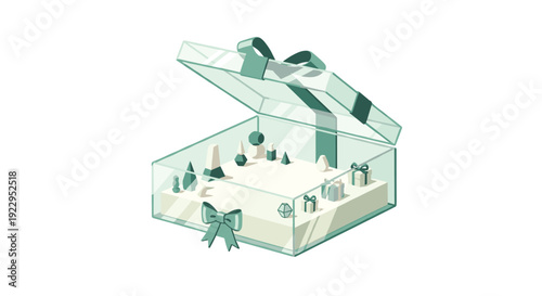 An open transparent square gift box with a mint green ribbon reveals a collection of minimalist geometric jewelry pieces inside.