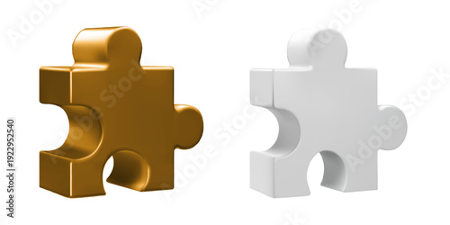 3D premium gold metal and white puzzle piece, isometric icon. Assemble jigsaw element for partner work and technology problem solving. Realistic constructor game, complex project plan connection