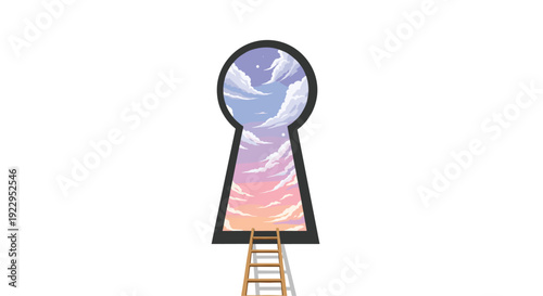 A keyhole shape reveals a colorful sunset sky with pink and purple clouds and a wooden ladder leading out of it.