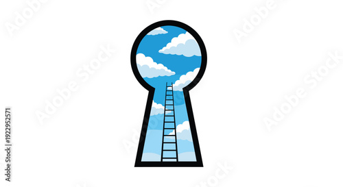 A black keyhole outline reveals a bright blue sky with white clouds and a ladder ascending into the distance.