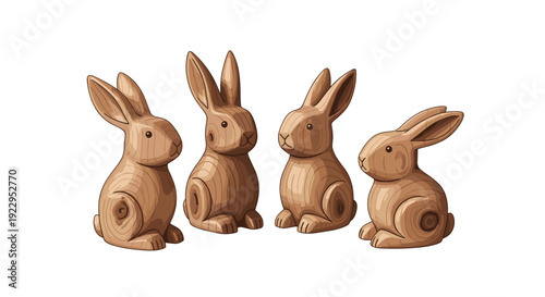 Group of four stylized wooden rabbit figurines standing upright and facing various directions on a white background.