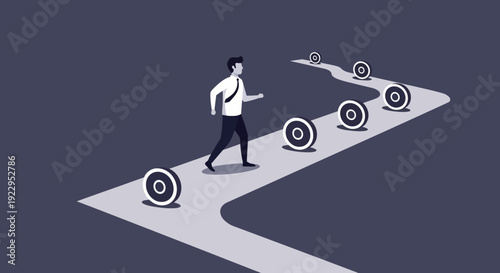 Determined businessman runs along a winding path towards multiple targets, symbolizing ambition and goal achievement.