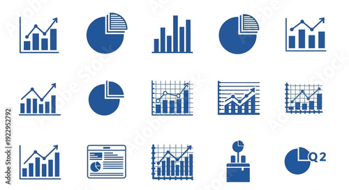 Collection of blue digital charts and graphs representing data analysis and financial growth.