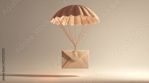 A beige envelope floats in mid-air, supported by a peach-colored parachute