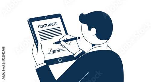 Man digitally signing contract on tablet with stylus