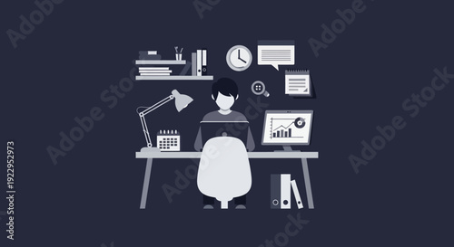 Focused person working diligently on a laptop at a desk, surrounded by office supplies and technology.