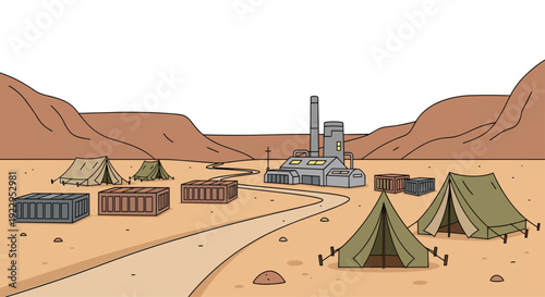 An industrial factory building set in a desert landscape, surrounded by temporary tents, shipping containers, and a winding road.